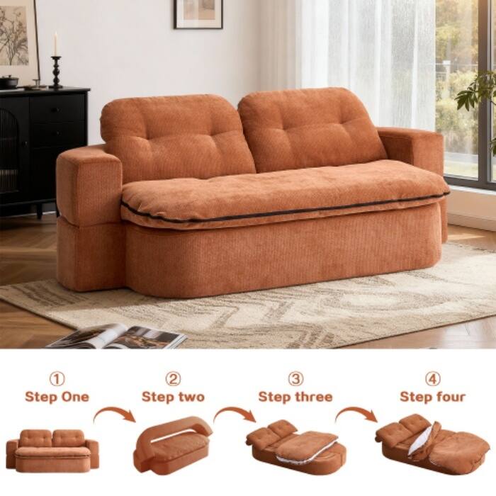 Modern Convertible Floor Sofa Bed with Corduroy Cushion, 2 Pillows & No Assembly