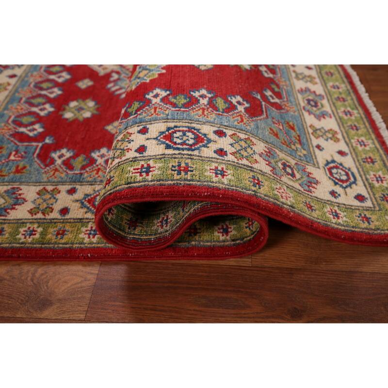 Red Geometric Kazak Accent Rug Hand-Knotted Wool Carpet - 3'5" x 4'10"