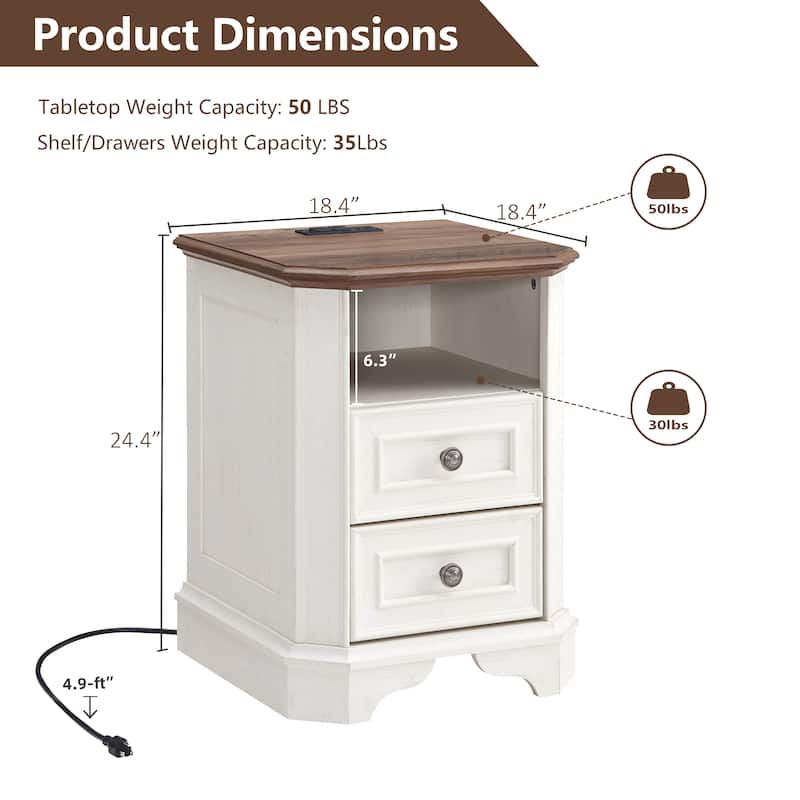 Farmhouse Nightstand Set of 2 with Charging Station, Beside Table