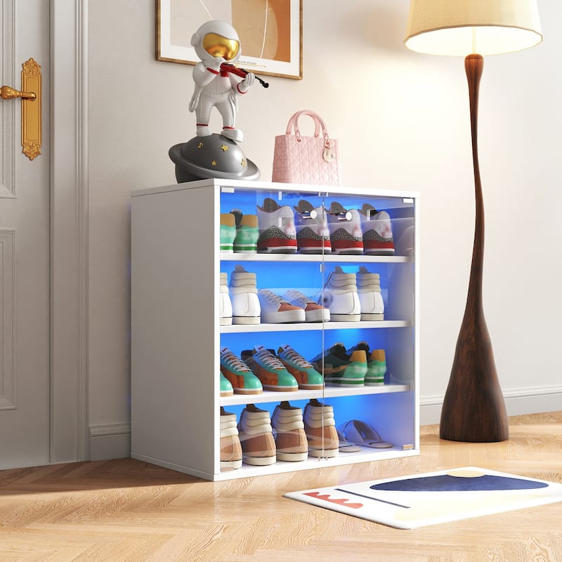 LED Sneaker Storage for Up to 12 Pairs of Shoes, 4 Layers Showing Shoe Rack with Thick Glass Door, Clear Shoe Boxes Stackable
