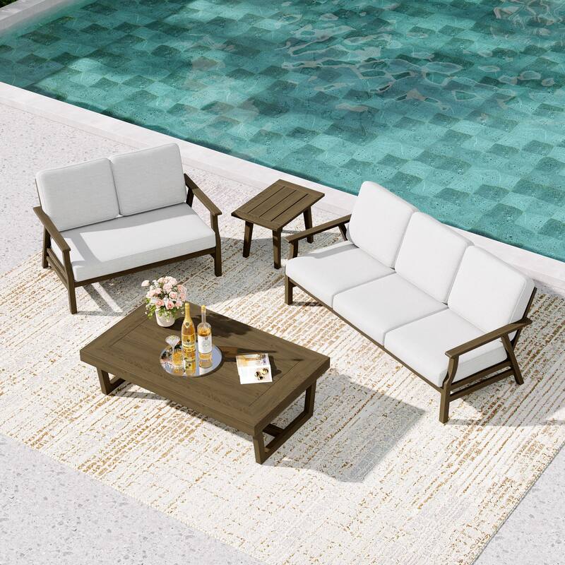 Teak Outdoor Seating Set with Daybed & Tables. - Brown Wood - Beige/4-piece