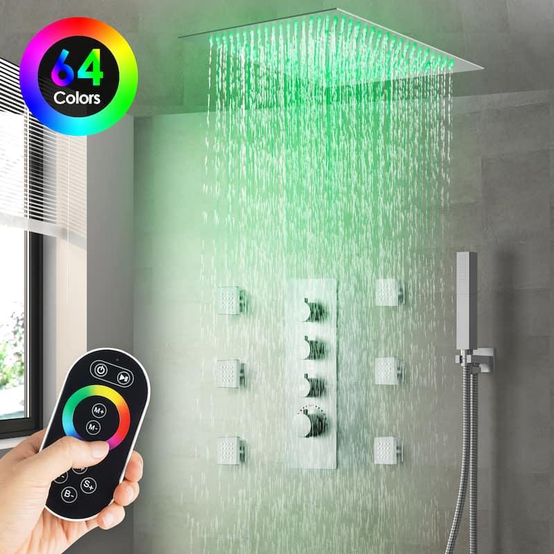 64 Color LED Mood Lighting Thermostatic Shower System,20"Ceiling-Mount Shower Head with 3-Functions Spray