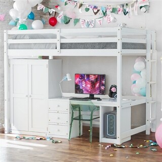 Full Size Loft Bed with Integrated Wardrobe, Desk, and Storage Drawers, Space-Saving White Design