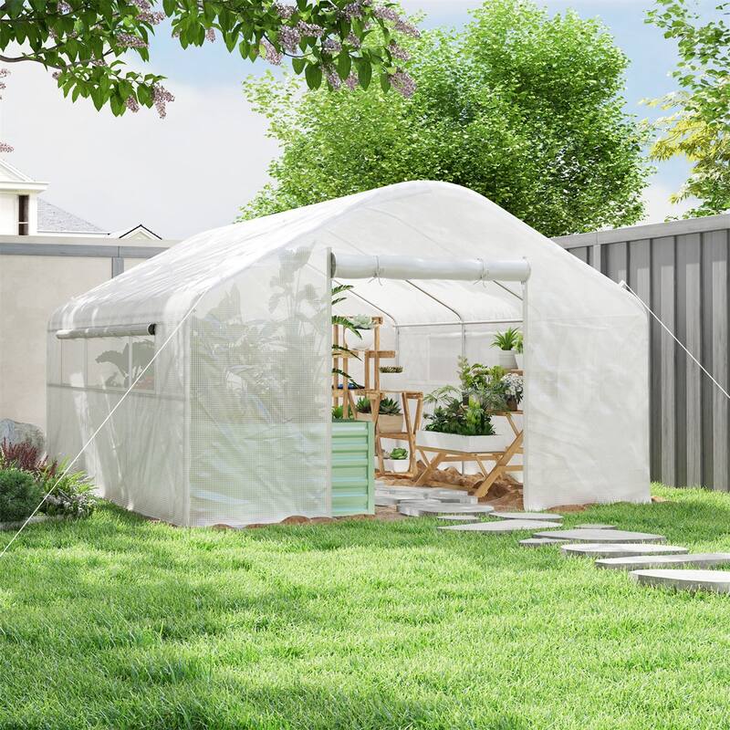 Large White Greenhouse with Heavy Duty Galvanized Steel Frame and UV Resistant PE Cover for Outdoor Gardening