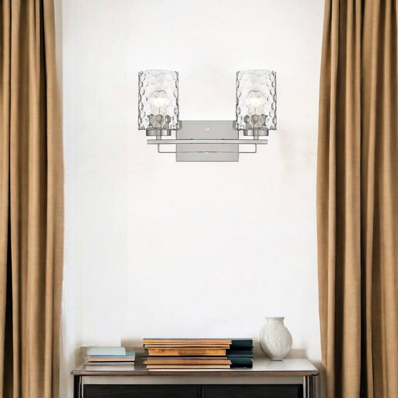 Hardwired Double Light Wall Sconce with Dimmable Steel Fixture and Clear Glass for Bathroom or Hallway - 10" H x 15" W x 6" D