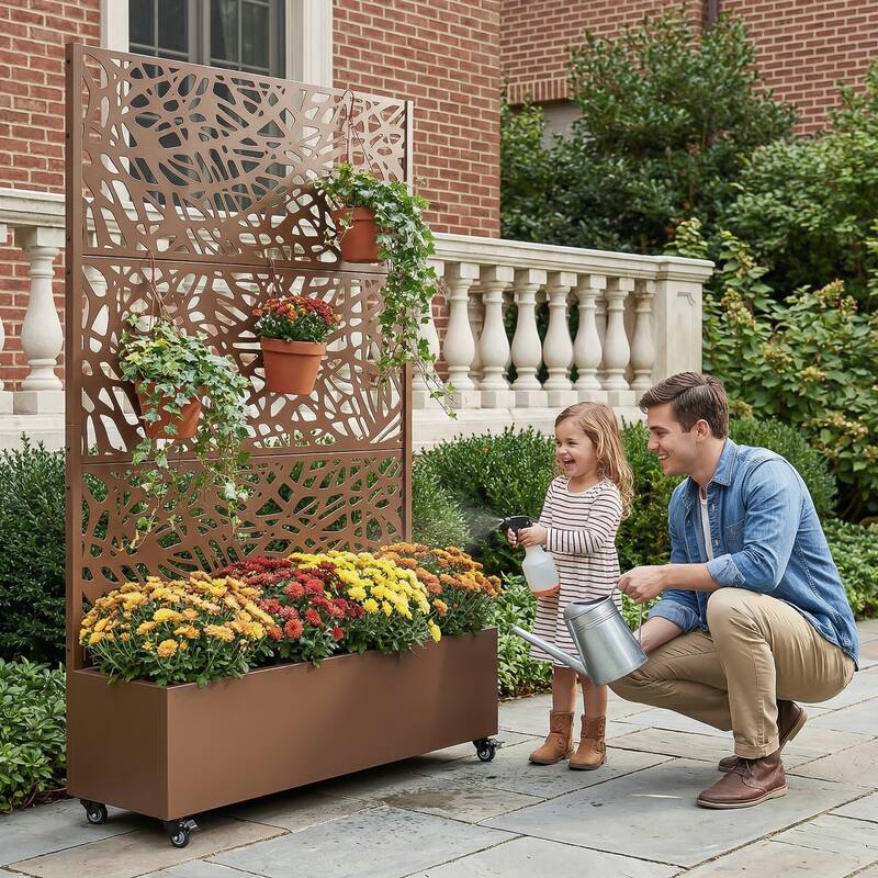 Metal Galvanized Planter Box with Trellis Privacy Screen Lockable Wheels