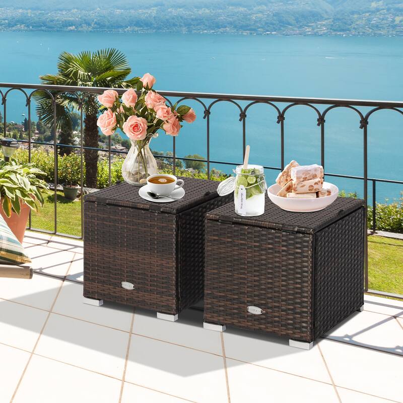 Costway 2PCS Patio Rattan Ottomans Seat Side Table Storage Box - See Details