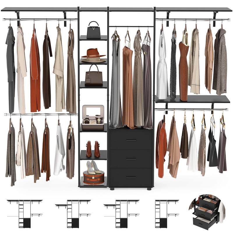 96'' Wide Heavy-duty Closet Organizer, Walk-in Closet System with Drawers and Tower Kit