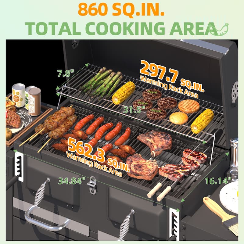 Heavy-Duty Charcoal Grill with Foldable Tables, Enameled Grate, 860 Sq. In. Cooking Area, Adjustable Trays for Outdoors