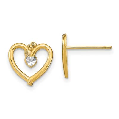 Curata 14k Two tone Gold Heart With White Shooting Starburst Post Earrings 10x11mm