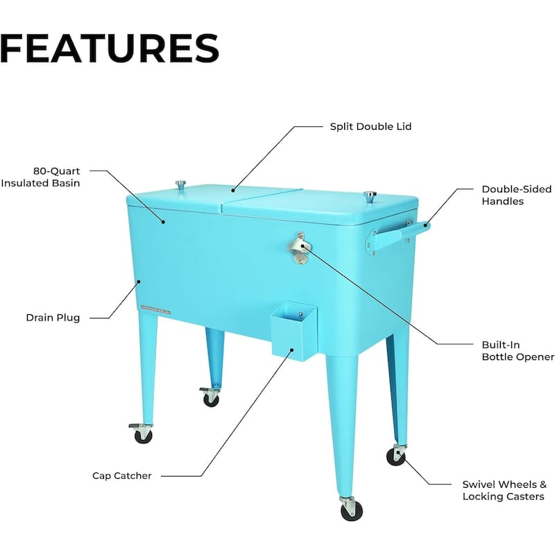 Permasteel 80-Qt Classic Outdoor Rolling Patio Cooler with Wheels, Turquoise