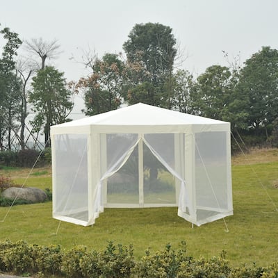 Outsunny 13x13FT Hexagon Gazebo Party Tent with Mesh Screen for Garden Backyard, Cream White