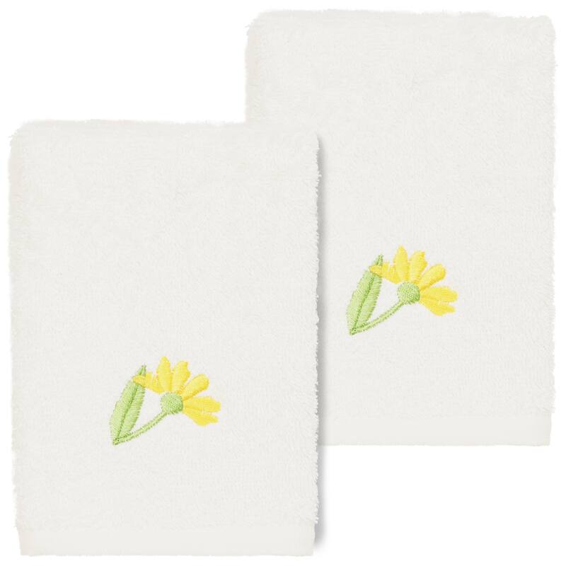 Authentic Hotel and Spa 100% Turkish Cotton Daisy 2PC Embellished Washcloth Set - Cream