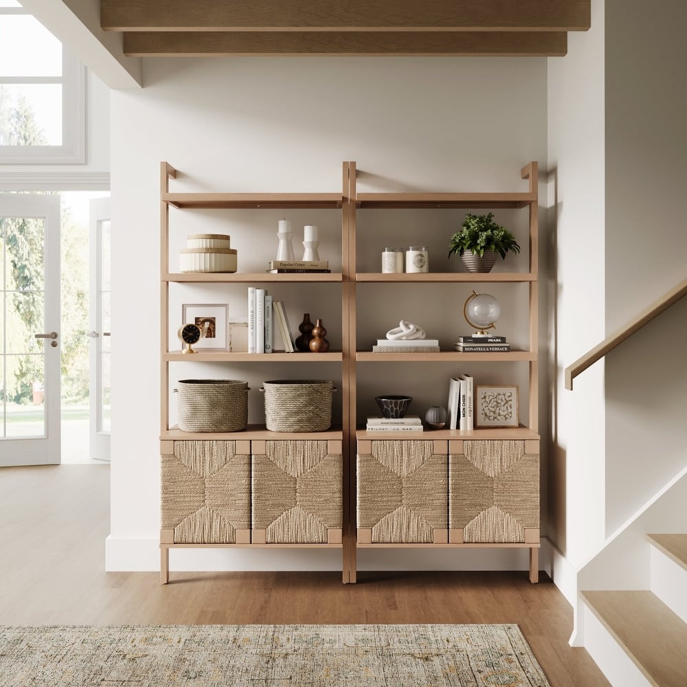 Beacon 3-Shelf Bookcase with Seagrass Cabinet, Solid Wood Bookshelf with Storage with Solid Wood Frame