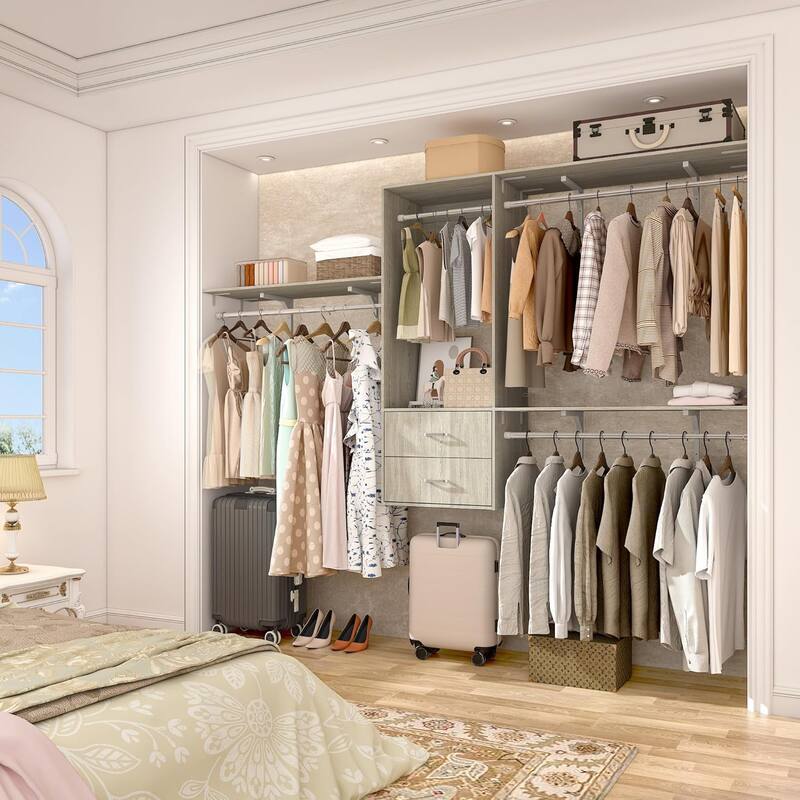 96'' Hanging Closet System with 3 Hanging Rod ＆ 3 Shelving Towers ＆ 2 Drawers,8FT Walk in Closet Organizer System