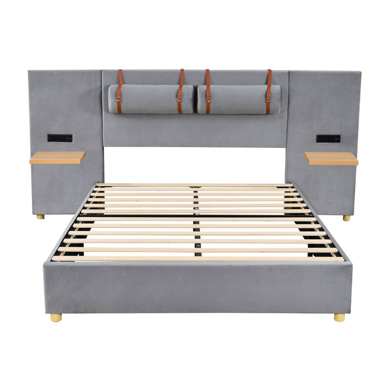 Velvet Upholstered Queen Bed with USB Charging Ports, Storage Shelves & Built-in Pillows
