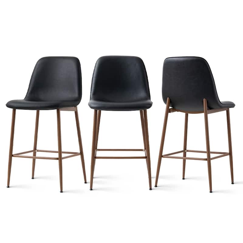 Modern PU Leather Counter Height Bar Stools with Walnut Wood-Grain Metal Legs (Set of 3)