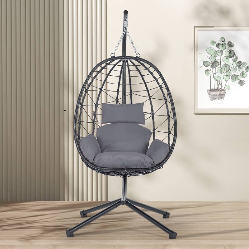 Patio Wicker Hanging Egg Chair with Stand, Swing Chair for Balcony - Dark Gray