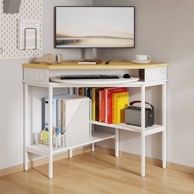 360° Rotating Corner Desk with Pull-Out Keyboard Tray – Small Space L-Shaped Computer Desk White & Oak