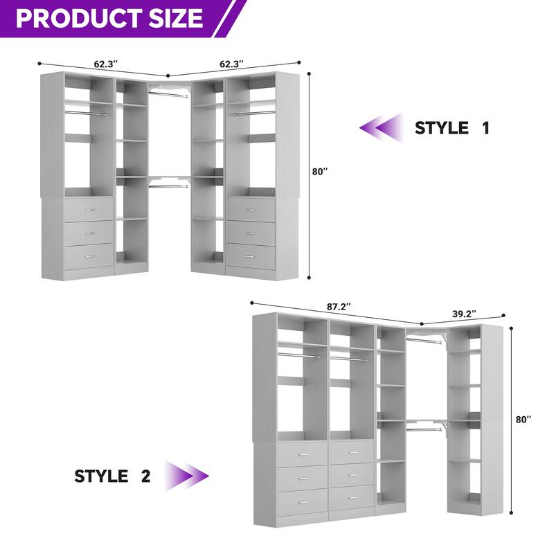 Corner Closet System with 6 Drawers & 4 Hanging Rods,Set of 3,Reversible Walk-in Closet Organizer System with Adjustable Shelves