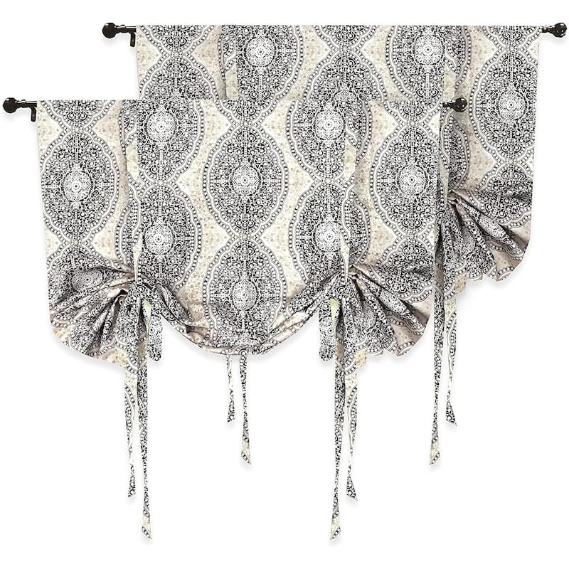 DriftAway Adrianne Damask/Floral Pattern Printed Tie-up Shade Set of 2 - Beige/Gray