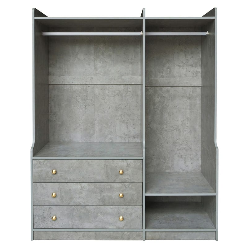 Open Style Wardrobe Closet with 3 Large Storage Drawers and Hanging Rods, Modern Armoire Clothing Organizer with Storage Shelves