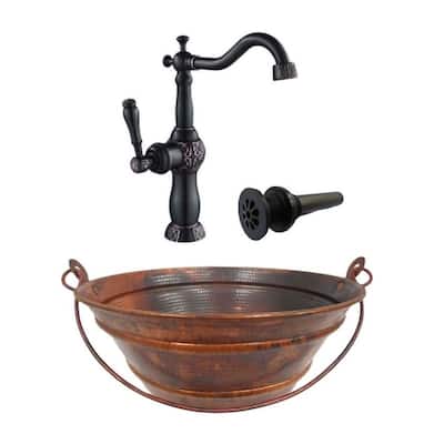 15" Round Natural Copper Vessel Bucket Sink 13" Faucet & Daisy Drain Included - 15" x 15" x 6"