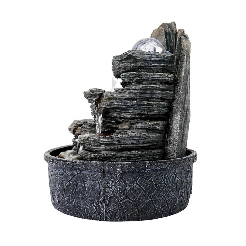 Cascading Rockery Water Fountain with LED Lights, Resin Water Feature