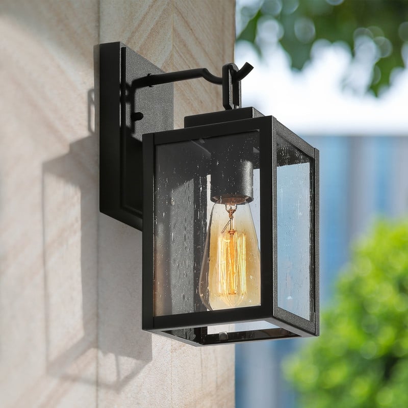 Modern Transitional 1-light Black Outdoor Wall Sconces Seeded Glass Exterior Lantern - L5"xW6.5"xH10.5"