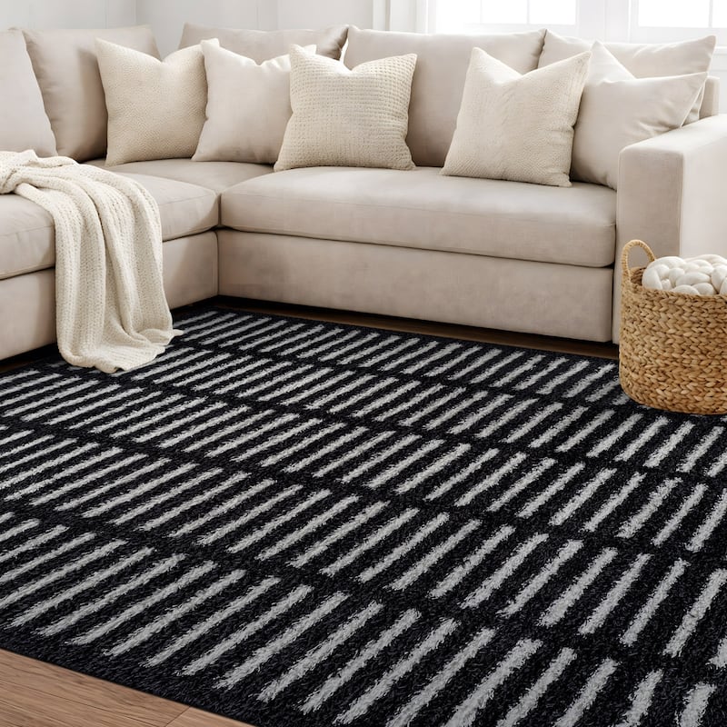 Bohemian Stripe Lines Shag Rug - Textured Surface - Anthracite Dark Gray - Easy to Clean
