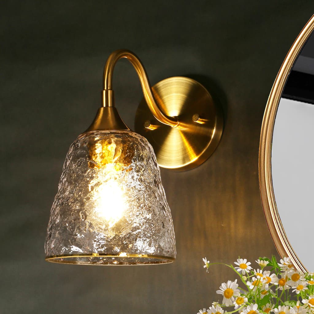 Modern Gold Wall Sconce Large Armed Cone Vanity Light with Textured Glass Shade - D5.9" x H10.6"