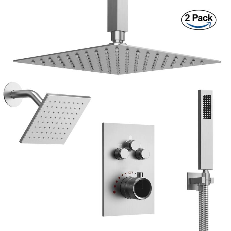 2 Pack Dual Heads 12" Rainfall & High Pressure 6" Shower System with 3 Way Thermostatic Faucet - Brushed Nickel