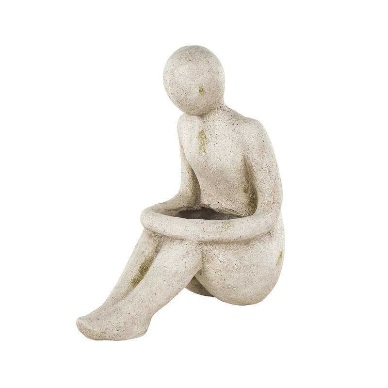 Cream Polystone Sitting People Indoor Outdoor Planter - 8"W x 16"L x 17"H