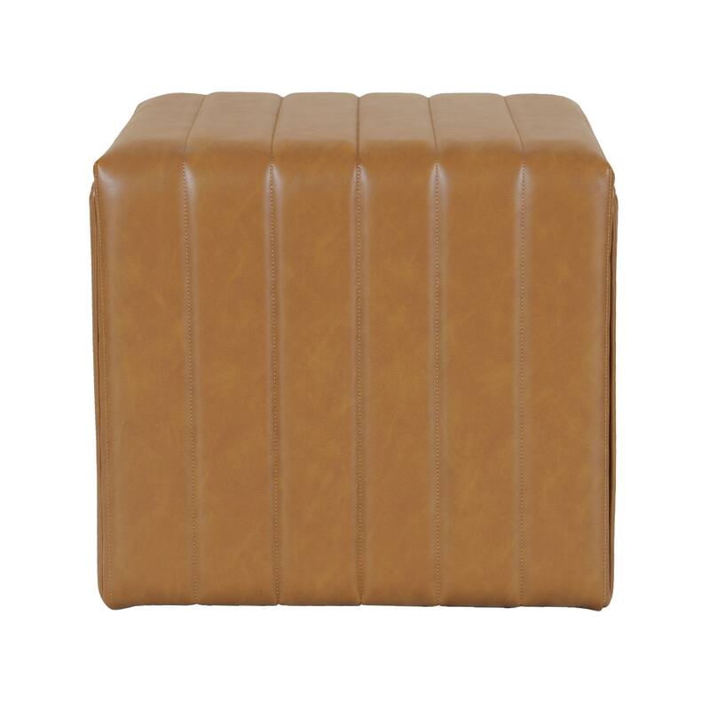 Ada Footstool Ottoman, Channel Tuft Caramel Brown Faux Leather 19 Inch