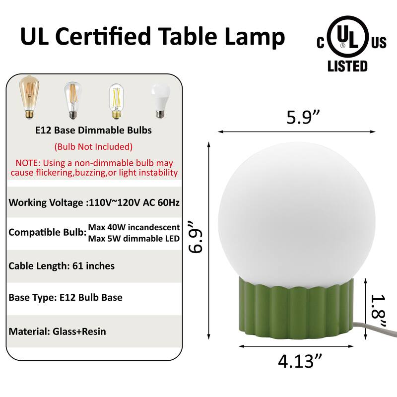 Modern 6.9" Opal Glass Globe Table Lamp with Fluted Resin Base, Dimmerable Rotary Switch, Accent Lighting (Bulb Not Included)