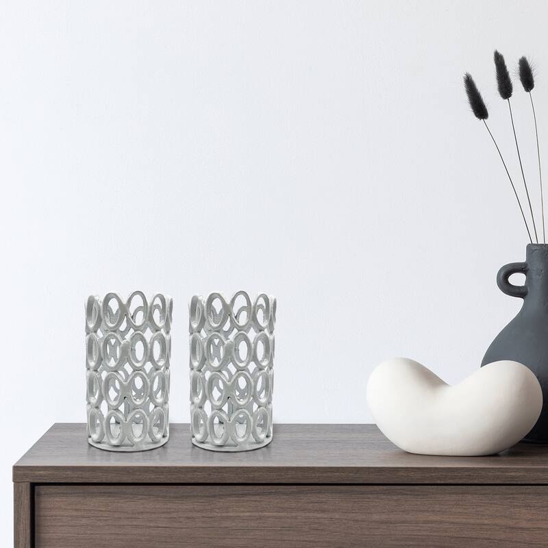 7 Inch Decorative Handmade Aluminum Modern Hollow-Craved Candle holder Set of 2 - 3.75 x 3.75 x 6.5 in