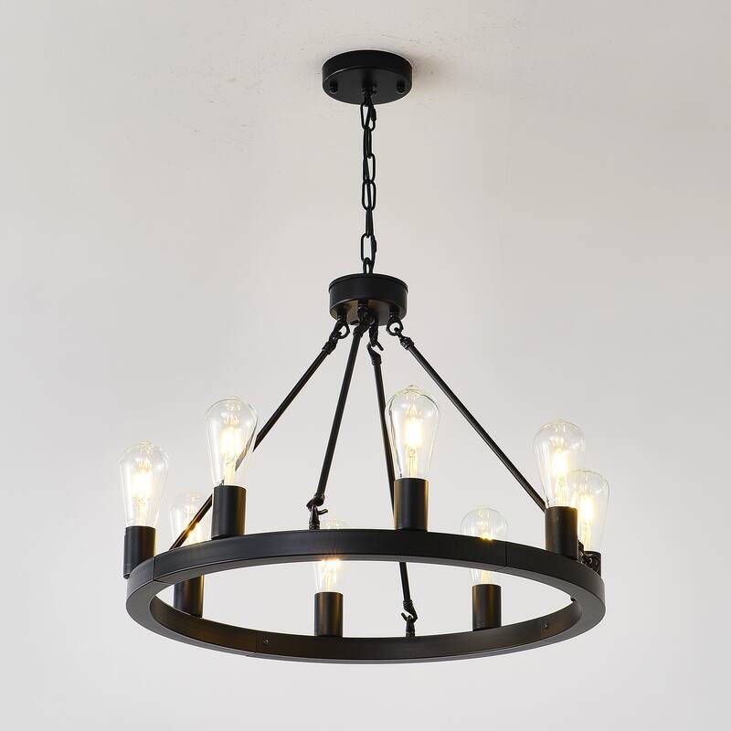 Farmhouse Style Small Round Ceiling Light 8-Lamp Wagon Wheel Chandelier, for Kitchen Island, Dining Room and Living Room