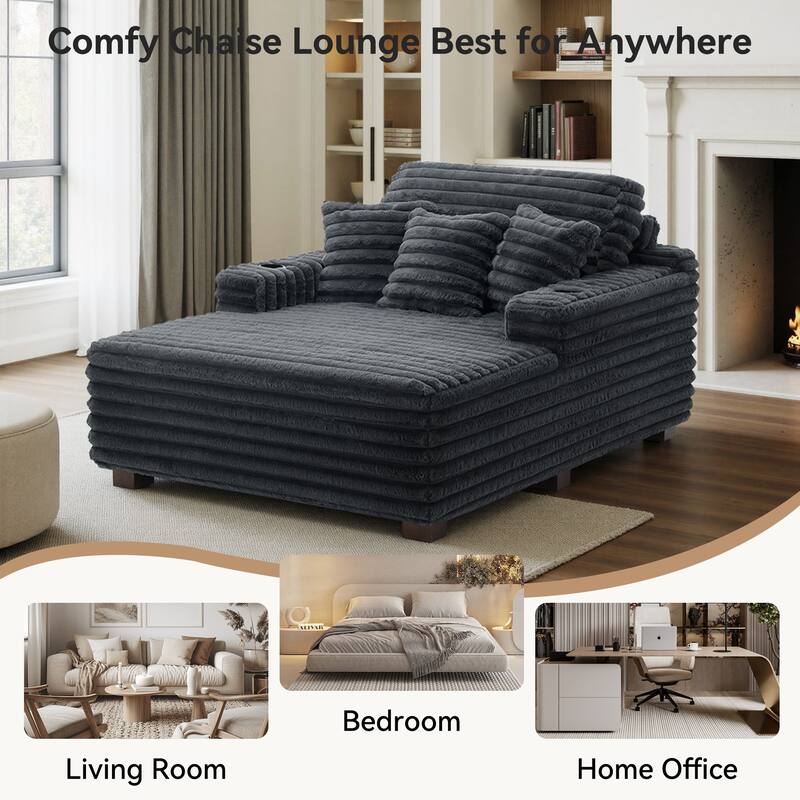 53"W Oversized Plush Fur-Like Chaise Lounge Sofa with Cup Holder