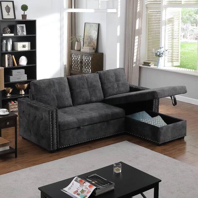 Morden Fort Velvet Reversible Sleeper Sectional Sofa L-Shape with big Storage
