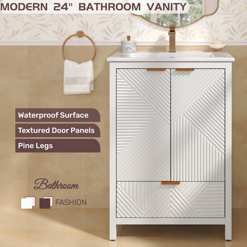 Anmytek 24 Inch Bathroom Vanity with Ceramic Basin Geometric Door Design for Small Bathroom Storage