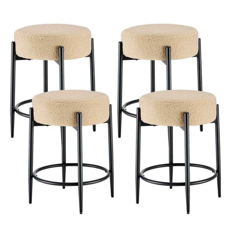 Mid-Century Modern Chair Set of 4 - 23.6" Backless Kitchen Stools with Beige Boucle Upholstery & Sturdy Metal Base - Beige