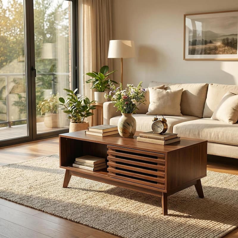 35.4"Lift Top Coffee Table with Storage, Mid Century Modern Coffee Table with Slatted Sliding Door and Hidden Compartment