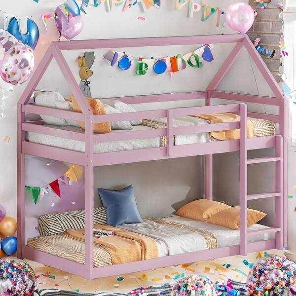 slide 2 of 18, Pink Wood House Roof Twin over Twin Floor Bunk Bed with Ladder,Guardrails Pink