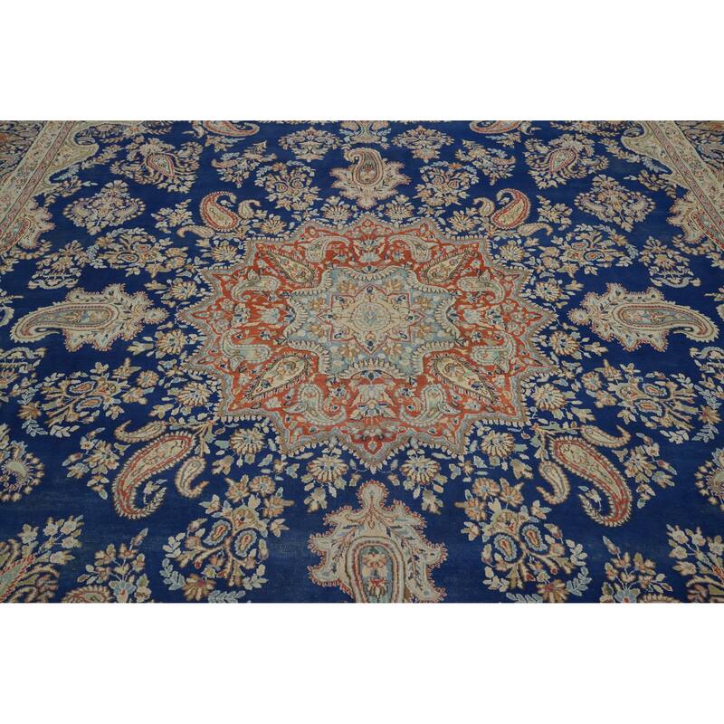 Hand Knotted Oriental 100% Wool Carpet Traditional Floral Navy Blue & Blues Kerman Area Rug - 13' 9'' X 9' 10''