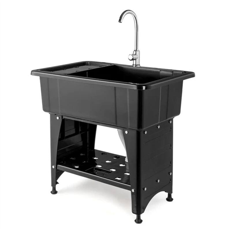 Utility Washing Room Sink Laundry Tub with Faucet & Shelf & Drainboard Black - 22.4"D x 32.3"W x 29.9"H - Black