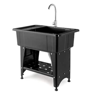 Utility Washing Room Sink Laundry Tub with Faucet & Shelf & Drainboard Black - 22.4"D x 32.3"W x 29.9"H