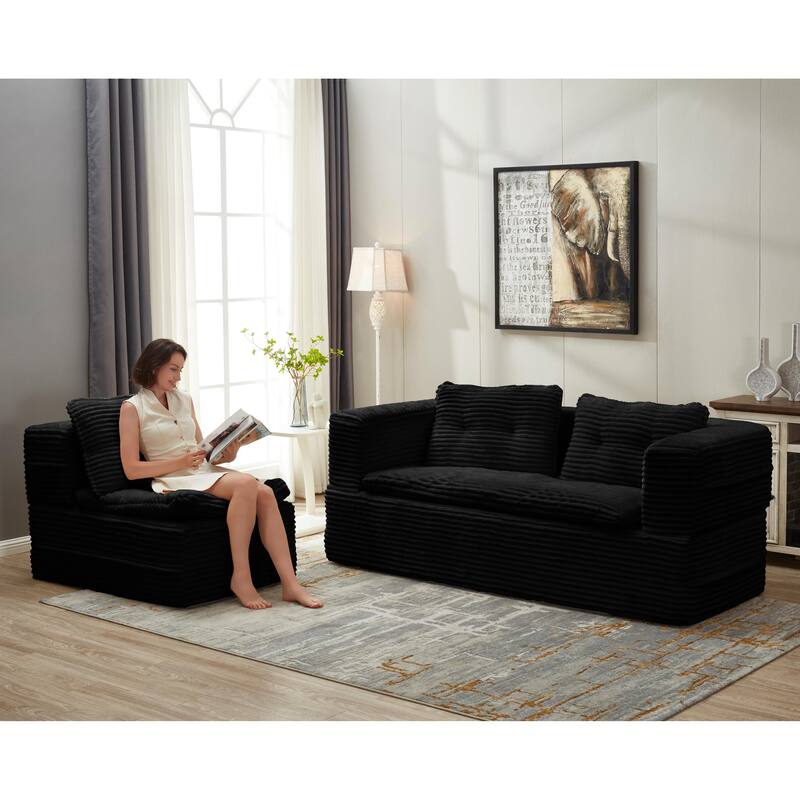 Convertible Floor Sofa Bed with Chaise Lounge, Corduroy 3-in-1 Sofa, Sofa to Bed with Dual-Purpose Blanket, No Assembly Required