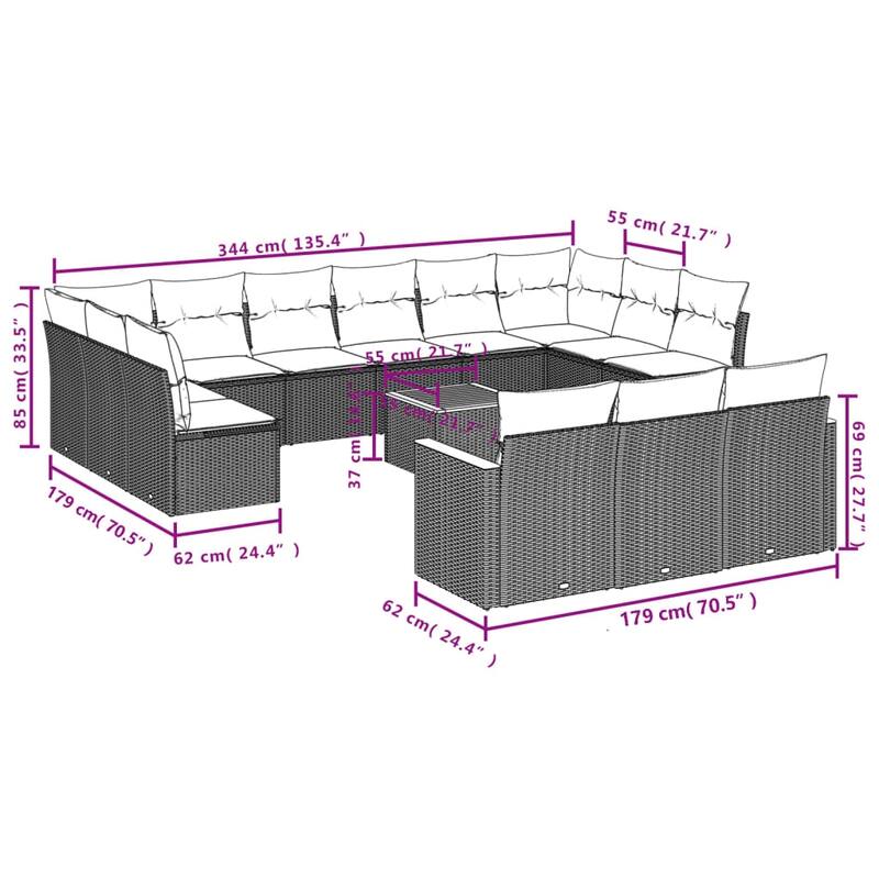 vidaXL 13/14 Piece Patio Sofa Set with Cushions Black/Gray Poly Rattan - 24.4 x 24.4 x 27.2