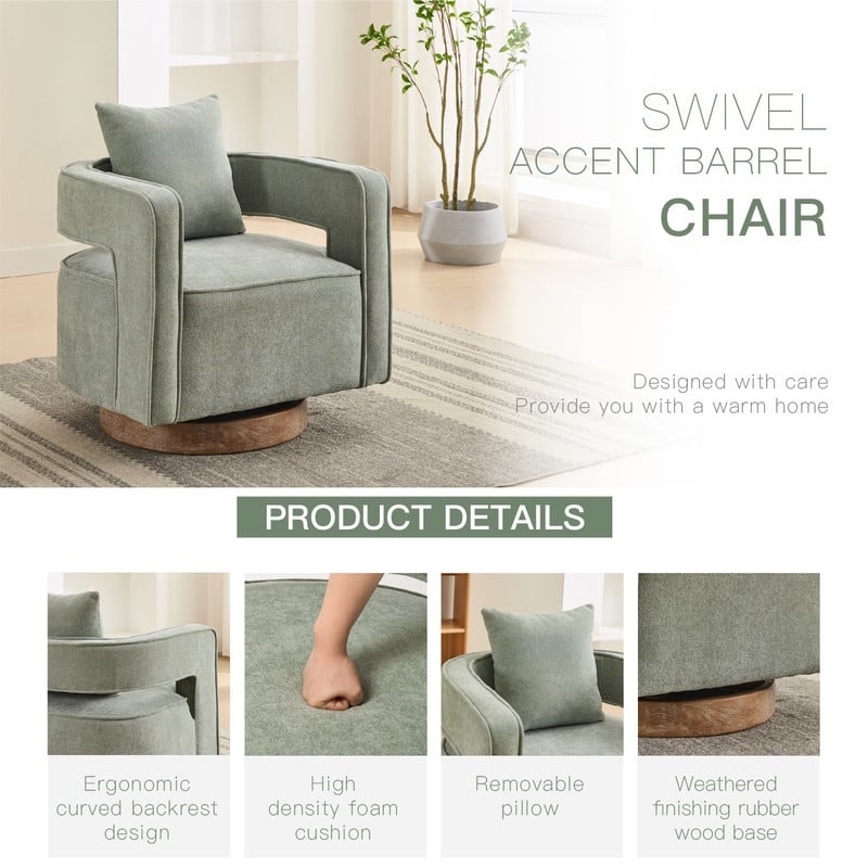 360 Degree Swivel Accent Chair with Solid Wood Base,Linen Blend