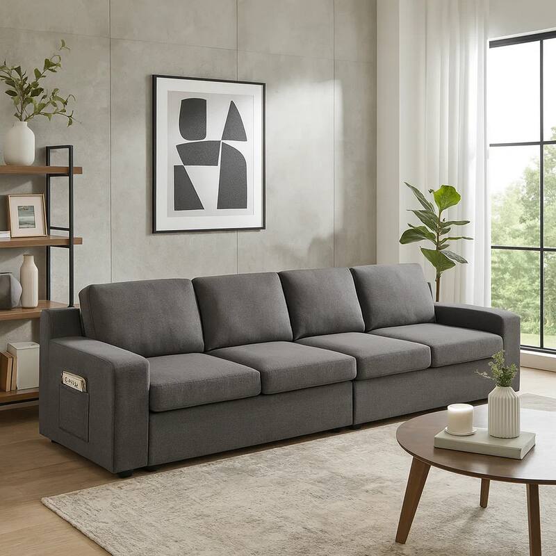 Cas 119 Inch Modular 4 Seater Sofa with Side Pockets, Gray Linen Upholstery